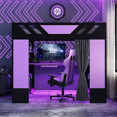 Pnronnc All-in-One Gaming Bed Loft Frame Full Size Bed with Bookcase, Blackout Curtains & RGB Lights