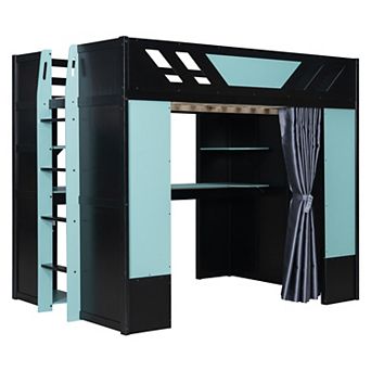 Pnronnc All-in-One Gaming Bed Loft Frame Full Size Bed with Bookcase, Blackout Curtains & RGB Lights