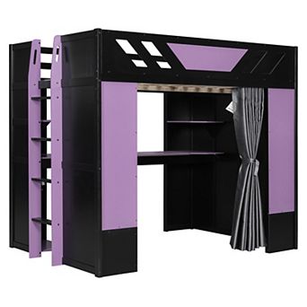 Pnronnc All-in-One Gaming Bed Loft Frame Full Size Bed with Bookcase, Blackout Curtains & RGB Lights