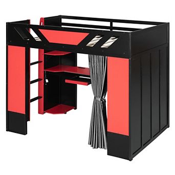Pnronnc All-in-One Gaming Bed Loft Frame Full Size Bed with Bookcase, Blackout Curtains & RGB Lights