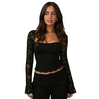 Lace Square Neck Tops for Women Long Sleeve Floral See Through Y2K Going Out Crop Shirts
