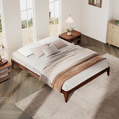 Pnronnc Solid Dry Bamboo Wood Open Bed Modern Platform Bed Frame with Wood Slat Support