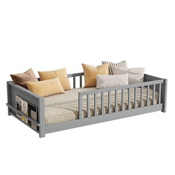Pnronnc Twin Size Toddler Floor Bed with Fence and Book Rack, Montessori Bed with or without Door