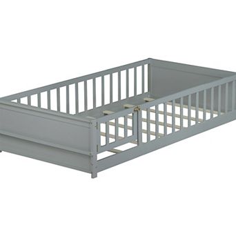 Pnronnc Twin Size Toddler Floor Bed with Fence and Book Rack, Montessori Bed with or without Door