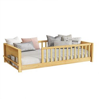 Pnronnc Twin Size Toddler Floor Bed with Fence and Book Rack, Montessori Bed with or without Door