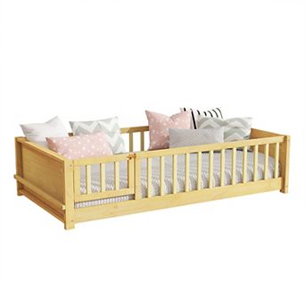 Pnronnc Twin Size Toddler Floor Bed with Fence and Book Rack, Montessori Bed with or without Door