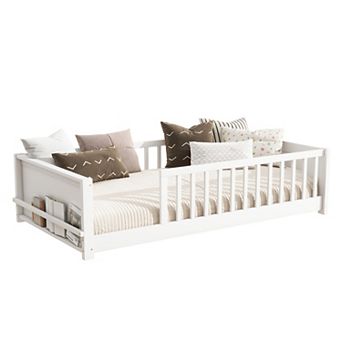 Pnronnc Twin Size Toddler Floor Bed with Fence and Book Rack, Montessori Bed with or without Door