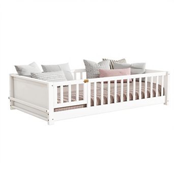 Pnronnc Twin Size Toddler Floor Bed with Fence and Book Rack, Montessori Bed with or without Door