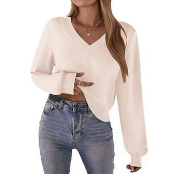 Zeagoo Women's Long Sleeve Lightweight V-Neck Soft Basic Knit Crop Sweater Tops