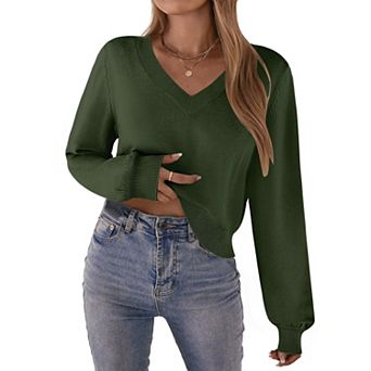 Zeagoo Women's Long Sleeve Lightweight V-Neck Soft Basic Knit Crop Sweater Tops
