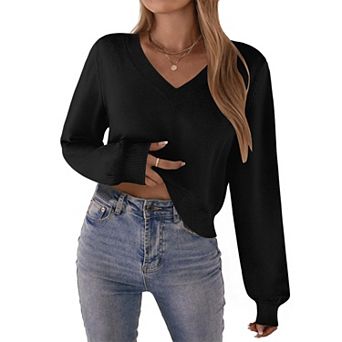 Zeagoo Women's Long Sleeve Lightweight V-Neck Soft Basic Knit Crop Sweater Tops