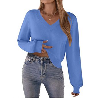 Zeagoo Women's Long Sleeve Lightweight V-Neck Soft Basic Knit Crop Sweater Tops