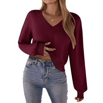 Zeagoo Women's Long Sleeve Lightweight V-Neck Soft Basic Knit Crop Sweater Tops