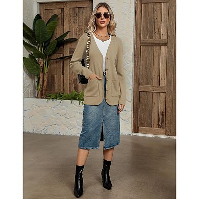 Zeagoo Women's V Neck Button Long Cardigan Sweater Casual Fall Knit Sweater Blazer with Pockets