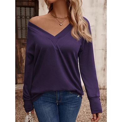 Women Casual Long Sleeve V Neck Sweatshirts Cute Loose Fit Lightweight Pullover Tops