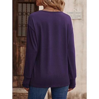 Women Casual Long Sleeve V Neck Sweatshirts Cute Loose Fit Lightweight Pullover Tops