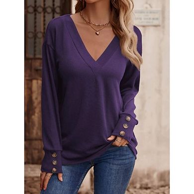 Women Casual Long Sleeve V Neck Sweatshirts Cute Loose Fit Lightweight Pullover Tops