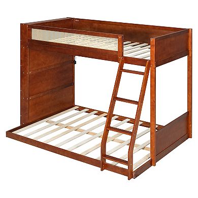 Pnronnc Twin over Full Bunk Bed Wooden Frame Daybed and Floor Bed with Side Bookcase Shelf and LED