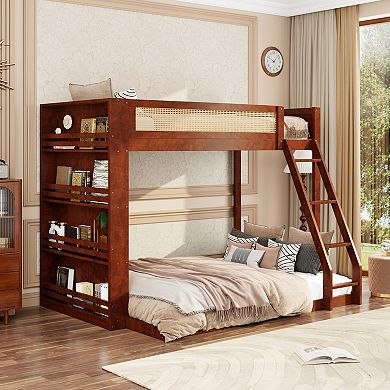 Pnronnc Twin over Full Bunk Bed Wooden Frame Daybed and Floor Bed with Side Bookcase Shelf and LED