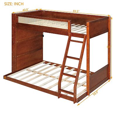 Pnronnc Twin over Full Bunk Bed Wooden Frame Daybed and Floor Bed with Side Bookcase Shelf and LED