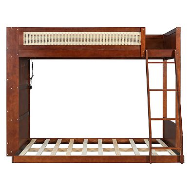 Pnronnc Twin over Full Bunk Bed Wooden Frame Daybed and Floor Bed with Side Bookcase Shelf and LED