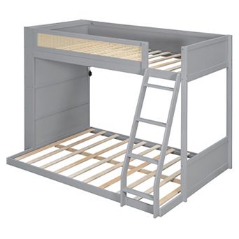 Pnronnc Twin over Full Bunk Bed Wooden Frame Daybed and Floor Bed with Side Bookcase Shelf and LED