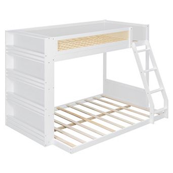 Pnronnc Twin over Full Bunk Bed Wooden Frame Daybed and Floor Bed with Side Bookcase Shelf and LED
