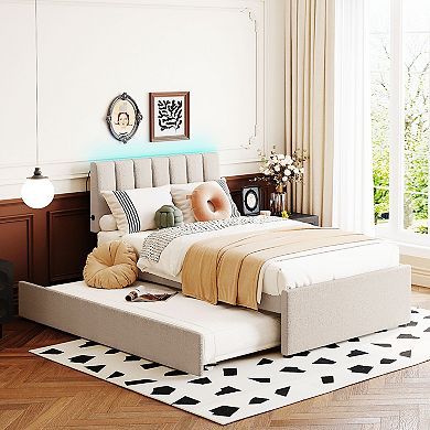 Pnronnc Stripe Wingback Bed Teddy Fleece Upholstered Platform Bed with Trundle Bed