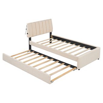 Pnronnc Stripe Wingback Bed Teddy Fleece Upholstered Platform Bed with Trundle Bed