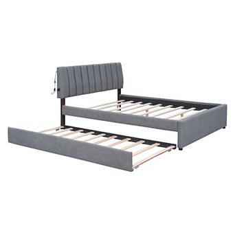 Pnronnc Stripe Wingback Bed Teddy Fleece Upholstered Platform Bed with Trundle Bed