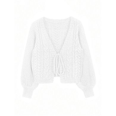Women Tie Front Cardigan Sweater Puff Long Sleeve Knit Top