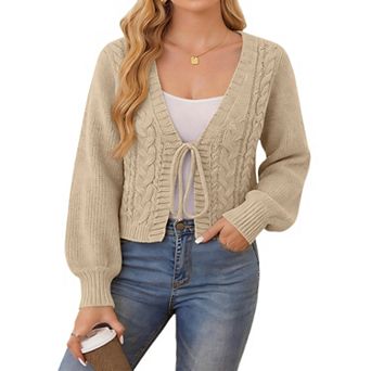 Women Tie Front Cardigan Sweater Puff Long Sleeve Knit Top