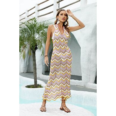 Women's Halter Knit Maxi Dress, V-Neck Open Back Flowy Beach Cover-Up for Summer Vacation