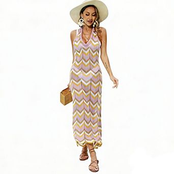 Women's Halter Knit Maxi Dress, V-Neck Open Back Flowy Beach Cover-Up for Summer Vacation