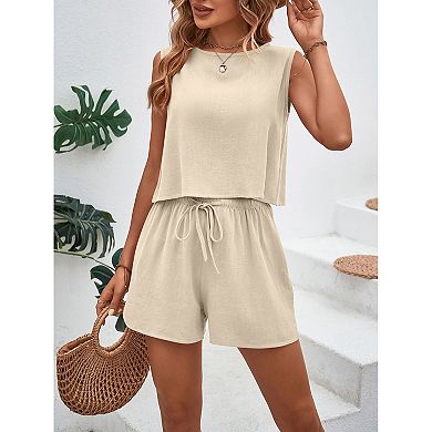 Women 2 Piece Sleeveless Matching Sets Vest and Drawsting Shorts