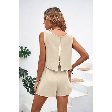 Women 2 Piece Sleeveless Matching Sets Vest and Drawsting Shorts