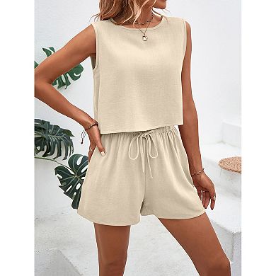 Women 2 Piece Sleeveless Matching Sets Vest and Drawsting Shorts