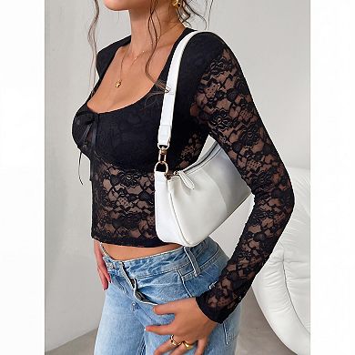 Women V Neck Top Long Sleeve Lace See Through Crop Blouse
