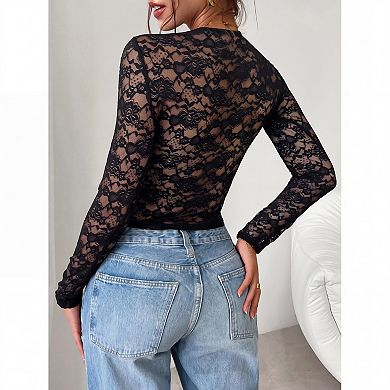 Women V Neck Top Long Sleeve Lace See Through Crop Blouse