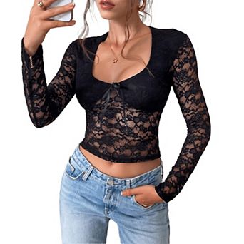 Women V Neck Top Long Sleeve Lace See Through Crop Blouse