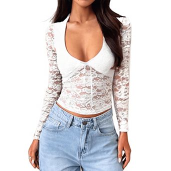 Women V Neck Top Long Sleeve Lace See Through Crop Blouse