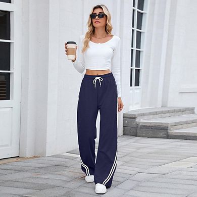 Women Side Stripe Track Pants Wide Leg Drawstring Loose Sweatpants