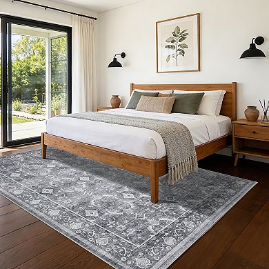 Vintage Boho Washable Area Rug Low-Pile Non-Slip Carpet, Stain Resistant, Machine Washable
