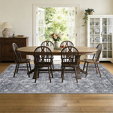 Vintage Boho Washable Area Rug Low-Pile Non-Slip Carpet, Stain Resistant, Machine Washable