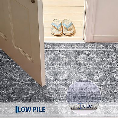 Vintage Boho Washable Area Rug Low-Pile Non-Slip Carpet, Stain Resistant, Machine Washable