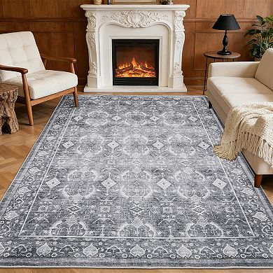 Vintage Boho Washable Area Rug Low-Pile Non-Slip Carpet, Stain Resistant, Machine Washable