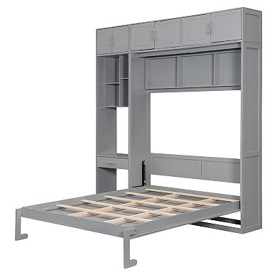 Pnronnc Storage Murphy Platform Bed Queen Size Wall Bed Space Saving Foldable Bed wDesk, Top Cabinet
