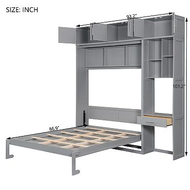 Pnronnc Storage Murphy Platform Bed Queen Size Wall Bed Space Saving Foldable Bed wDesk, Top Cabinet