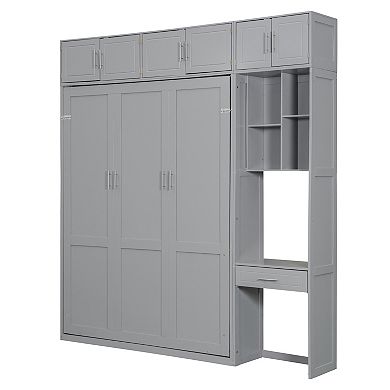 Pnronnc Storage Murphy Platform Bed Queen Size Wall Bed Space Saving Foldable Bed wDesk, Top Cabinet