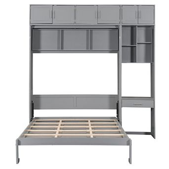 Pnronnc Storage Murphy Platform Bed Queen Size Wall Bed Space Saving Foldable Bed wDesk, Top Cabinet